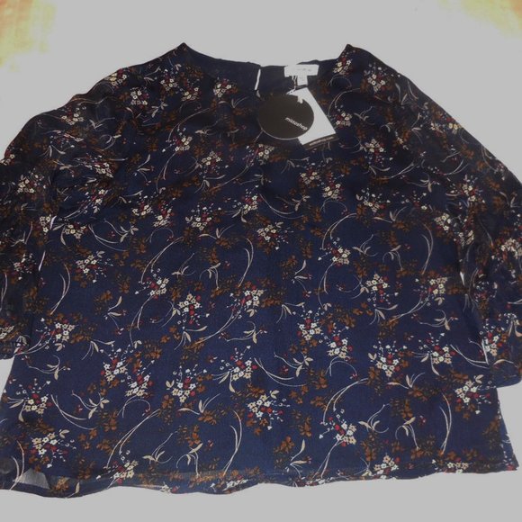 Blouse NWT SMALL Floral Chiffon Navy Blue ruffled sleeve tunic top careerwear - Picture 9 of 9
